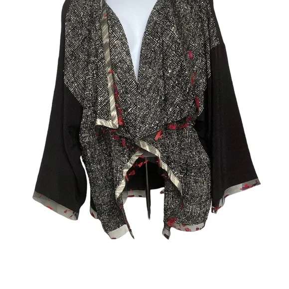 Aimee Atelier Open Waterfall Jacket Lace Trim Blk White Pattern Oversize. M/L - Picture 4 of 7